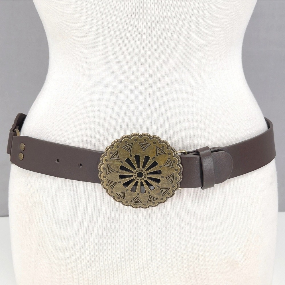 Boho Concho Belt M/L Brown Faux Leather Medallion Buckle Western Coastal Cowgirl